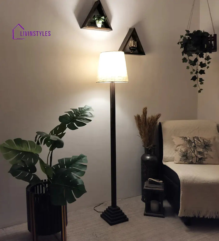 Babel Wooden Floor Lamp With Brown Base And Beige Fabric Lampshade Lamps