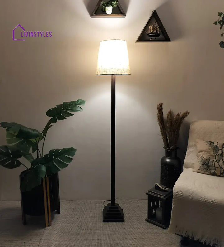 Babel Wooden Floor Lamp With Brown Base And Beige Fabric Lampshade Lamps