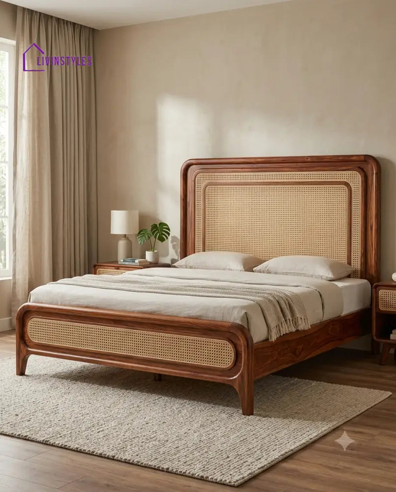 Balaji Wooden Bed with Cane Weaving Headboard Design | Bed without Storage