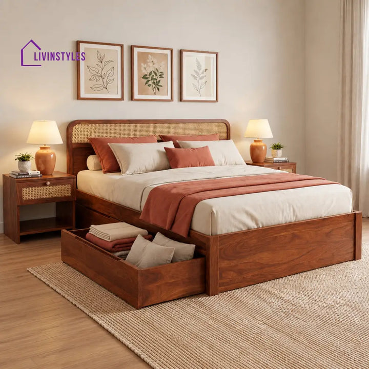 Bali Sheesham Wood Bed with Drawer Storage and Cane Detailing (King Size Teak Finish)