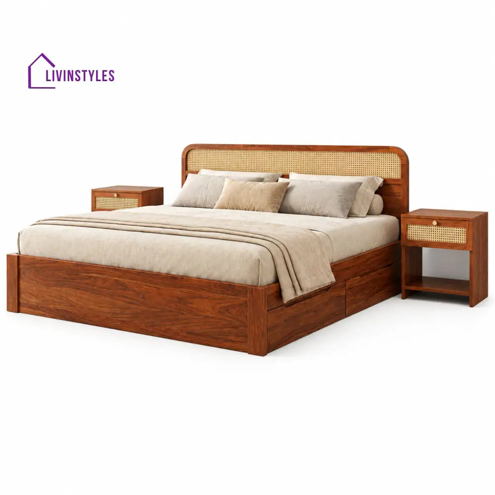 Bali Sheesham Wood Bed with Drawer Storage and Cane Detailing (King Size Teak Finish)