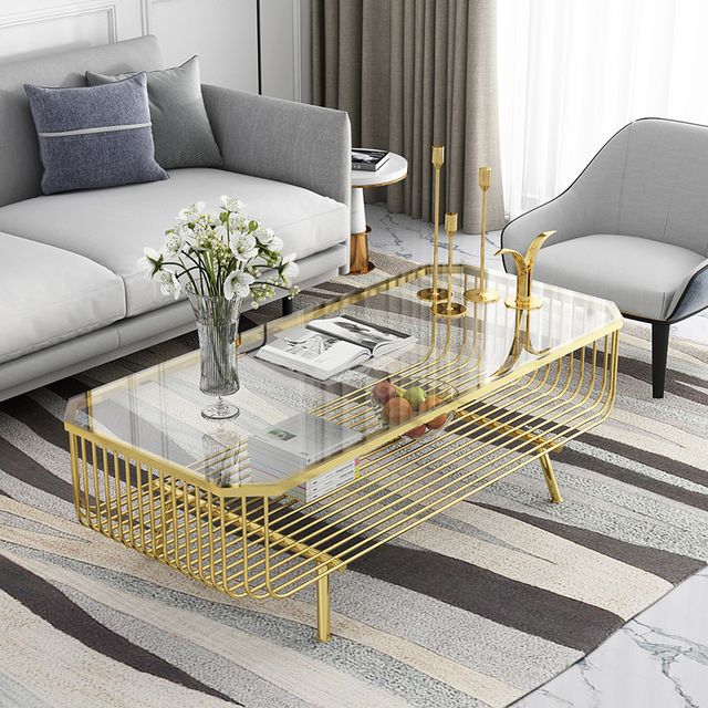 Shradha Rectangular Gold Centre Table For Living Room With Glass Top