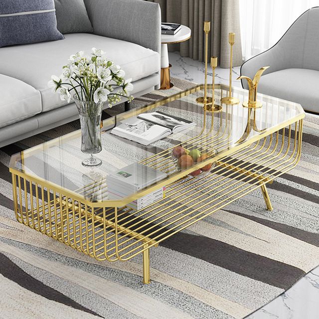 Shradha Rectangular Gold Centre Table For Living Room With Glass Top