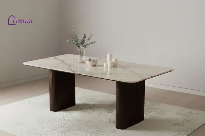 Baochi 6 Seater Dining Sets with Marble Top in Dark Walnut Finish