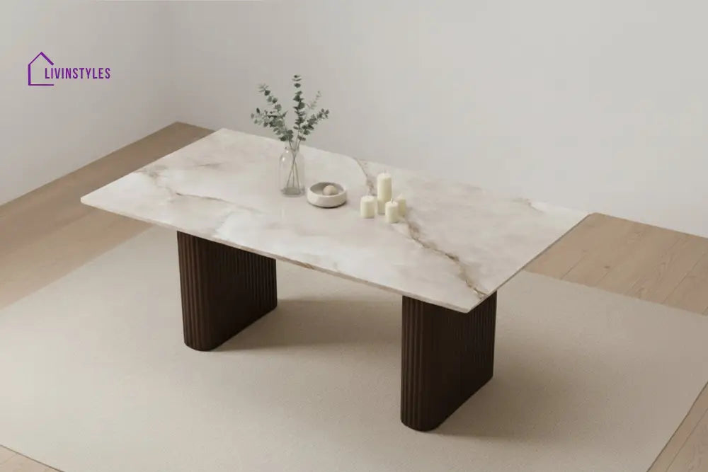 Baochi 6 Seater Dining Sets with Marble Top in Dark Walnut Finish