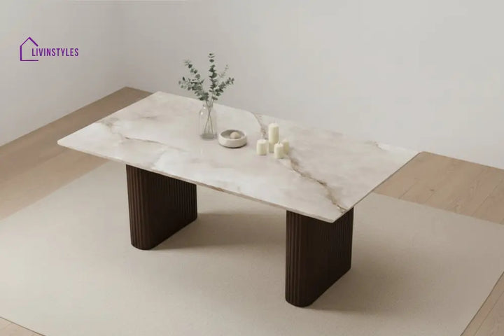 Baochi 6 Seater Dining Sets with Marble Top in Dark Walnut Finish