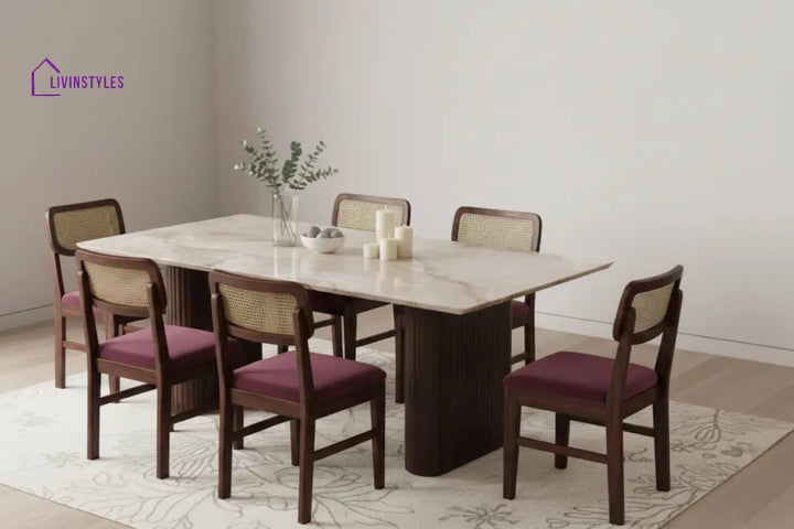 Baochi 6 Seater Dining Sets with Marble Top in Dark Walnut Finish