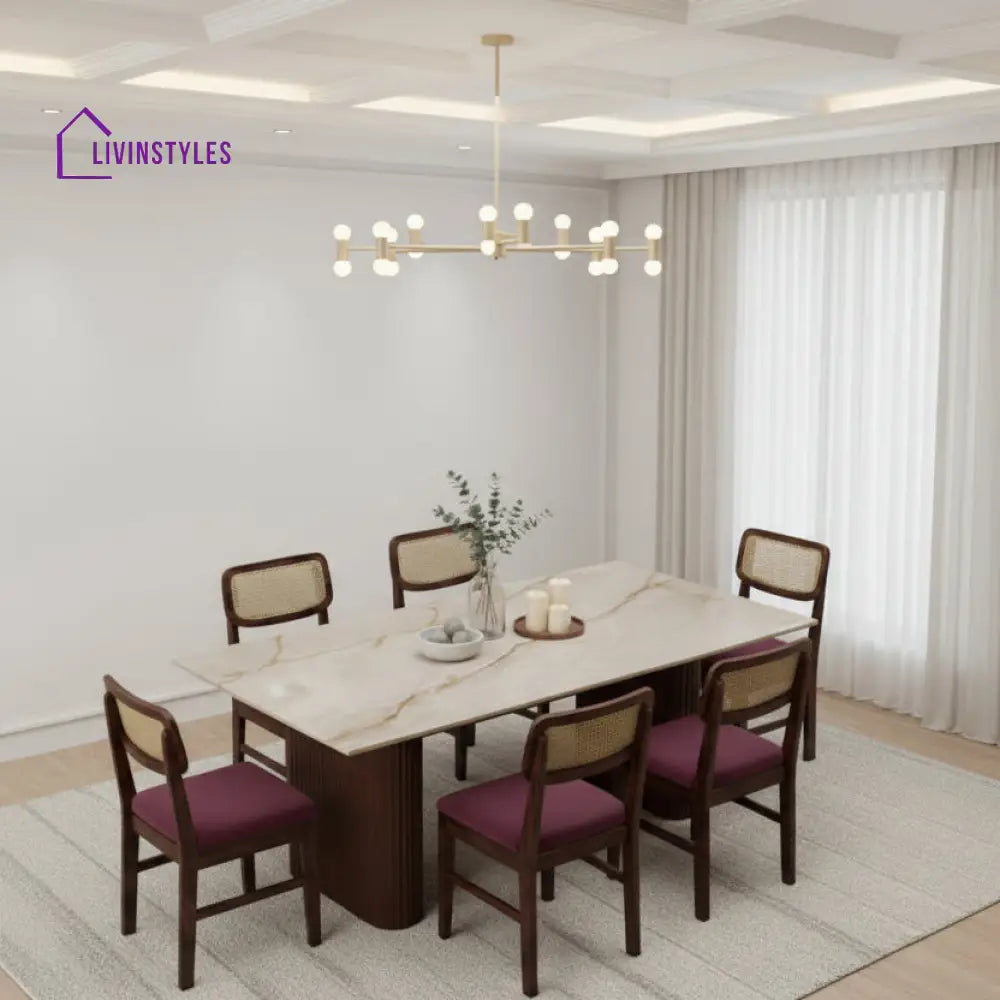 Baochi 6 Seater Dining Sets with Marble Top in Dark Walnut Finish