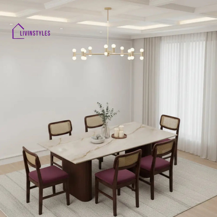 Baochi 6 Seater Dining Sets with Marble Top in Dark Walnut Finish