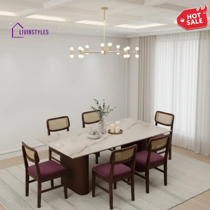 Baochi 6 Seater Dining Sets with Marble Top in Dark Walnut Finish