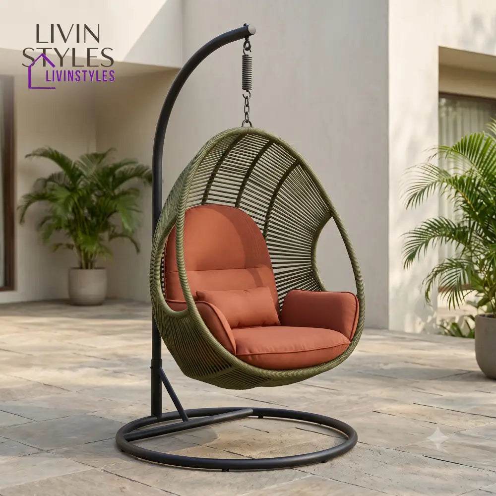 Barnabe Single Seater Metal Swing Chair with Stand and Rope Woven Seat
