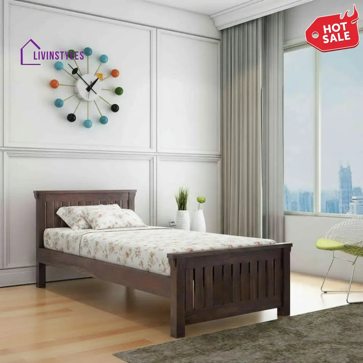 Basilia Solid Sheesham Wood Single Bed Without Storage (Walnut Finish) Bed