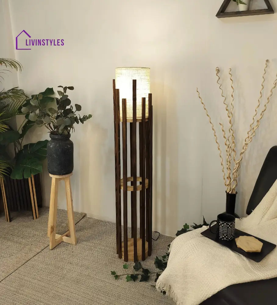 Bastian Wooden Floor Lamp With Brown Base And White Fabric Lampshade Lamps