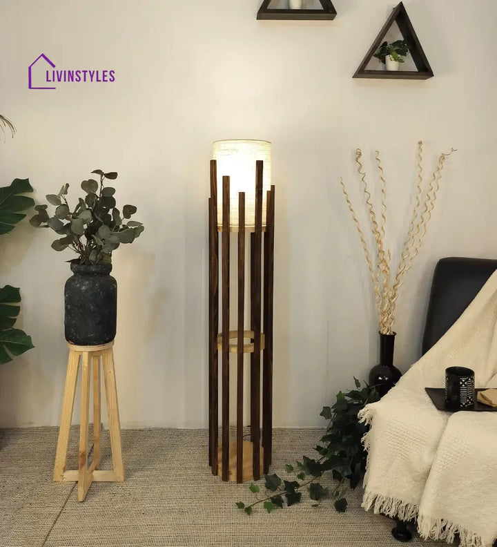 Bastian Wooden Floor Lamp With Brown Base And White Fabric Lampshade Lamps