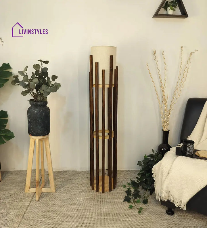 Bastian Wooden Floor Lamp With Brown Base And White Fabric Lampshade Lamps