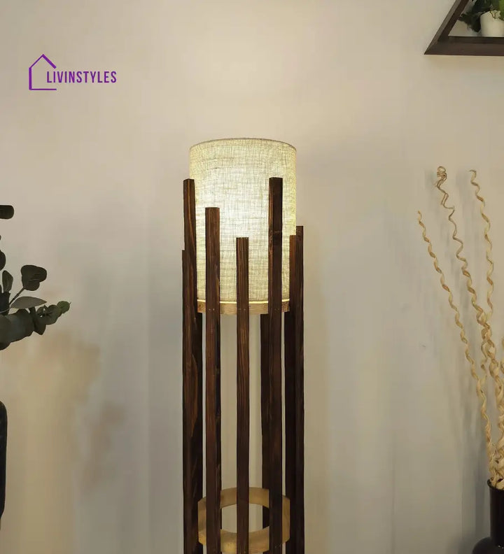 Bastian Wooden Floor Lamp With Brown Base And White Fabric Lampshade Lamps