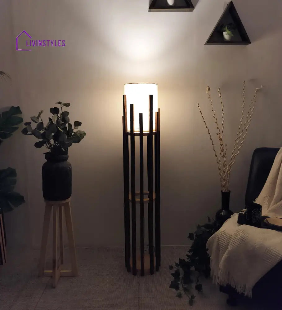 Bastian Wooden Floor Lamp With Brown Base And White Fabric Lampshade Lamps