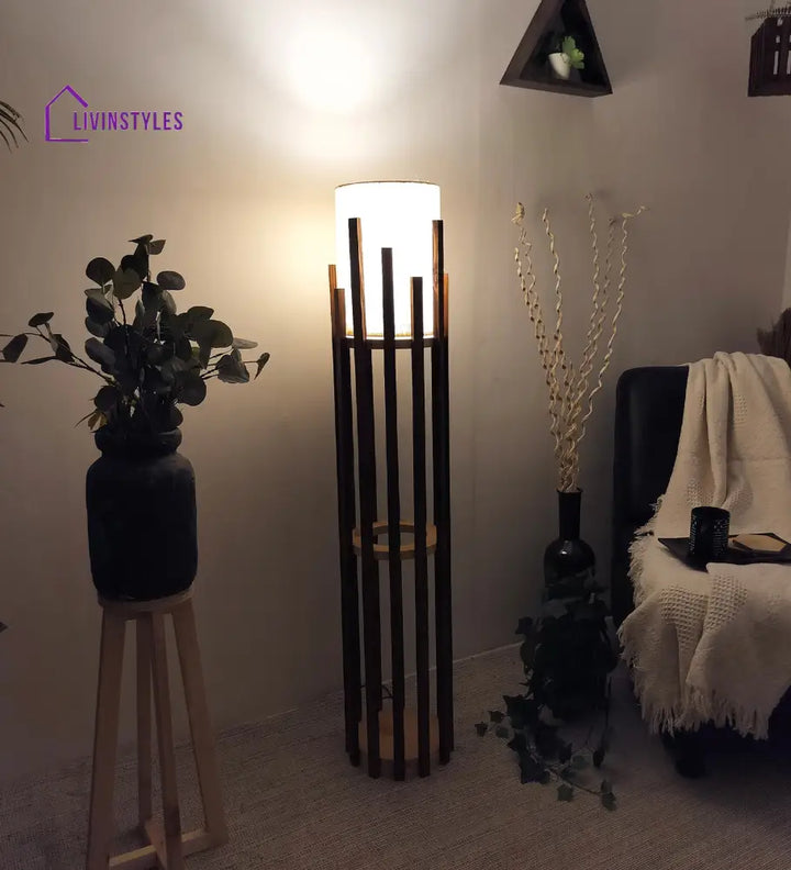 Bastian Wooden Floor Lamp With Brown Base And White Fabric Lampshade Lamps