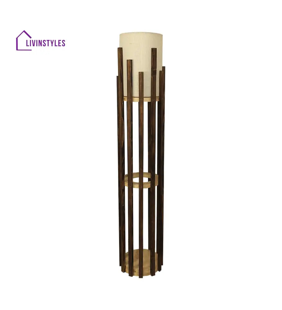 Bastian Wooden Floor Lamp With Brown Base And White Fabric Lampshade Lamps