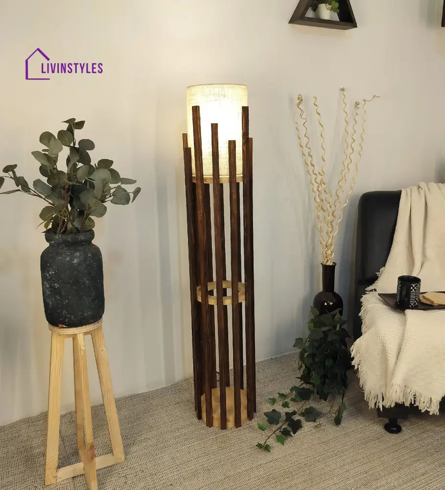Bastian Wooden Floor Lamp With Brown Base And White Fabric Lampshade Lamps
