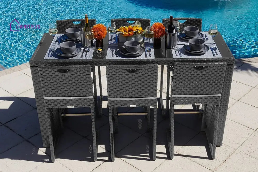 Battista Outdoor Patio Bar Sets 6 Chairs and 1 Table (Black) - Bar Sets