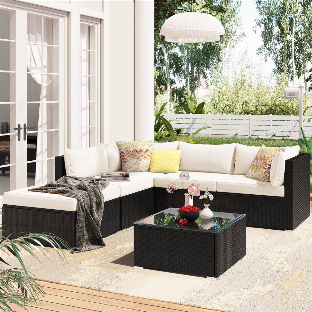 Ollie Outdoor Patio Sofa Set 4 Seater and 1 Table With 1 Ottoman Set (Black + Cream)