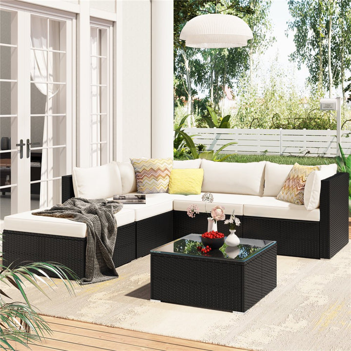 Ollie Outdoor Patio Sofa Set 4 Seater and 1 Table With 1 Ottoman Set (Black + Cream)