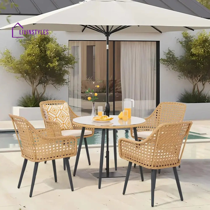Beatriz 5-Piece Outdoor Patio Dining Set with Rattan Chairs & Glass Top Table - Dining Set