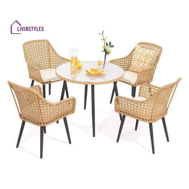 Beatriz 5-Piece Outdoor Patio Dining Set with Rattan Chairs & Glass Top Table - Dining Set