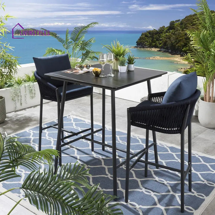 Beatriz Outdoor Patio Bar Set 2 Chairs and 1 Table Set Braided & Rope - BLUE - Bar Sets