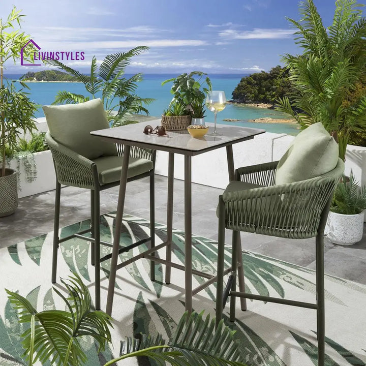 Beatriz Outdoor Patio Bar Set 2 Chairs and 1 Table Set Braided & Rope - GREEN - Bar Sets