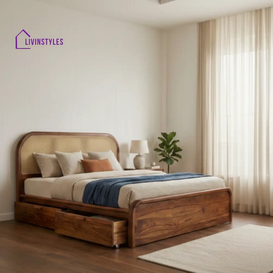 Beau Premium Sheesham Wood Bed with Cane Headboard