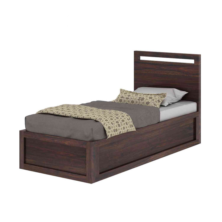 Iria Solid Sheesham Wood Single Bed With Box Storage (Walnut Finish)