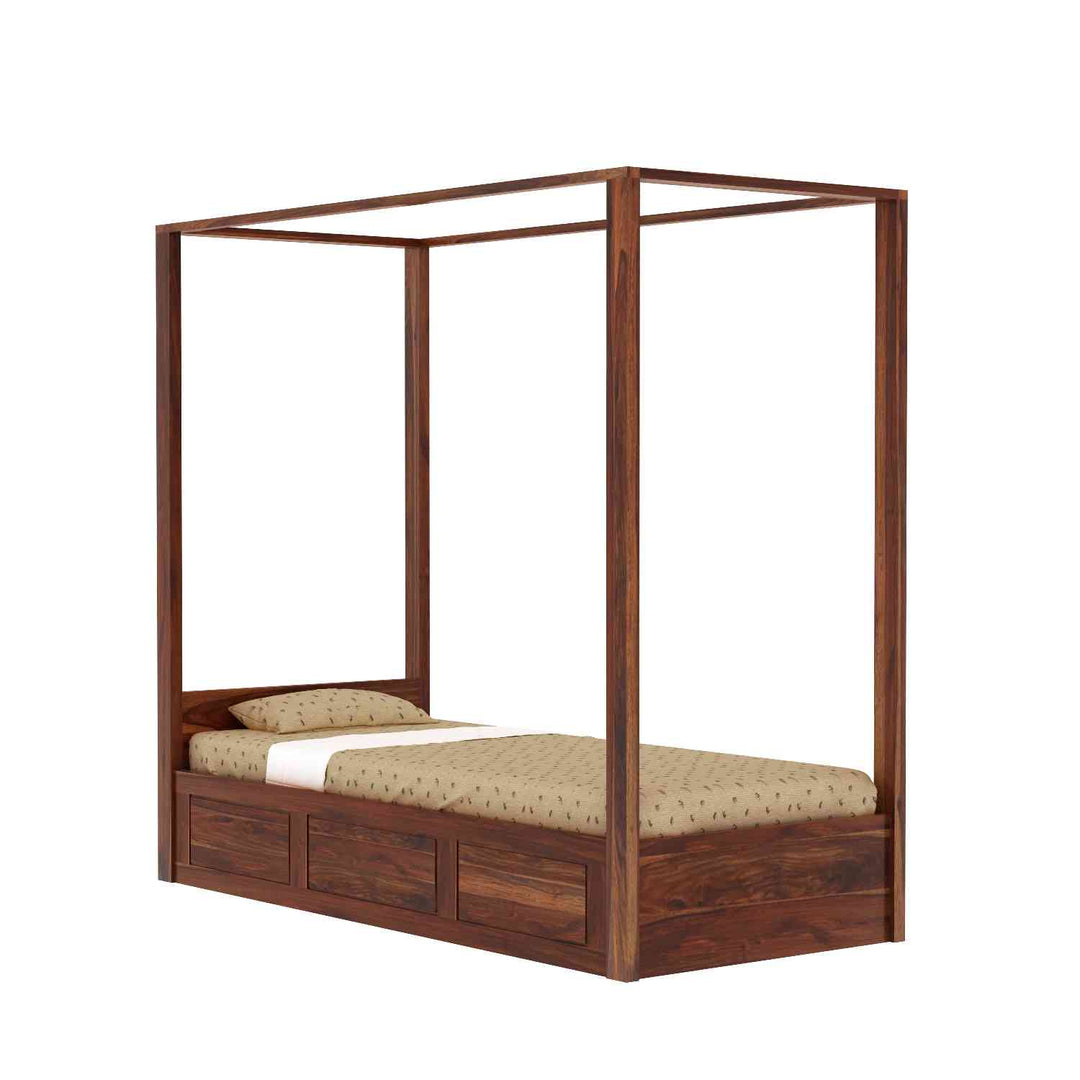 Evangelina Solid Sheesham Wood Single Bed With Box Storage (Natural Finish)