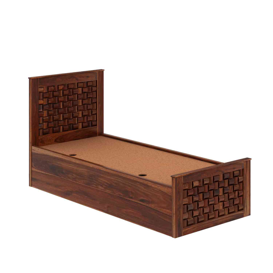Hortensia Solid Sheesham Wood Single Bed With Box Storage (Natural Finish)
