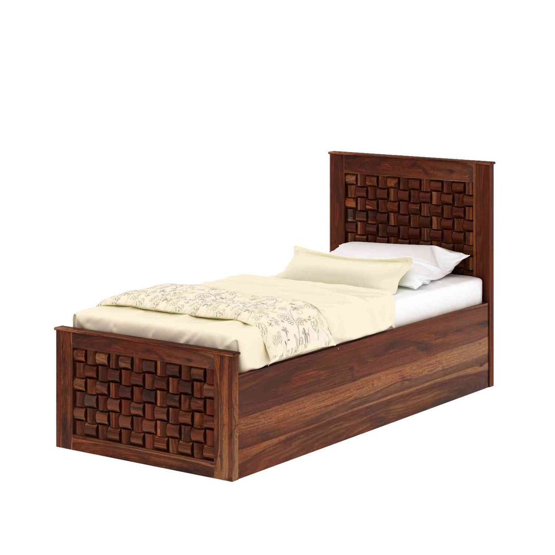Hortensia Solid Sheesham Wood Single Bed With Box Storage (Natural Finish)