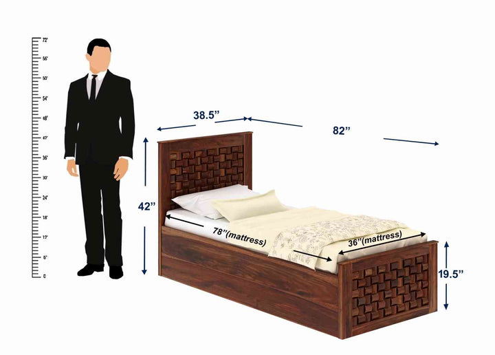 Hortensia Solid Sheesham Wood Single Bed With Box Storage (Natural Finish)