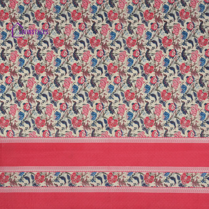 Beige And Red Floral Print Super King Cotton Bed Sheet With 2 Pillow Covers