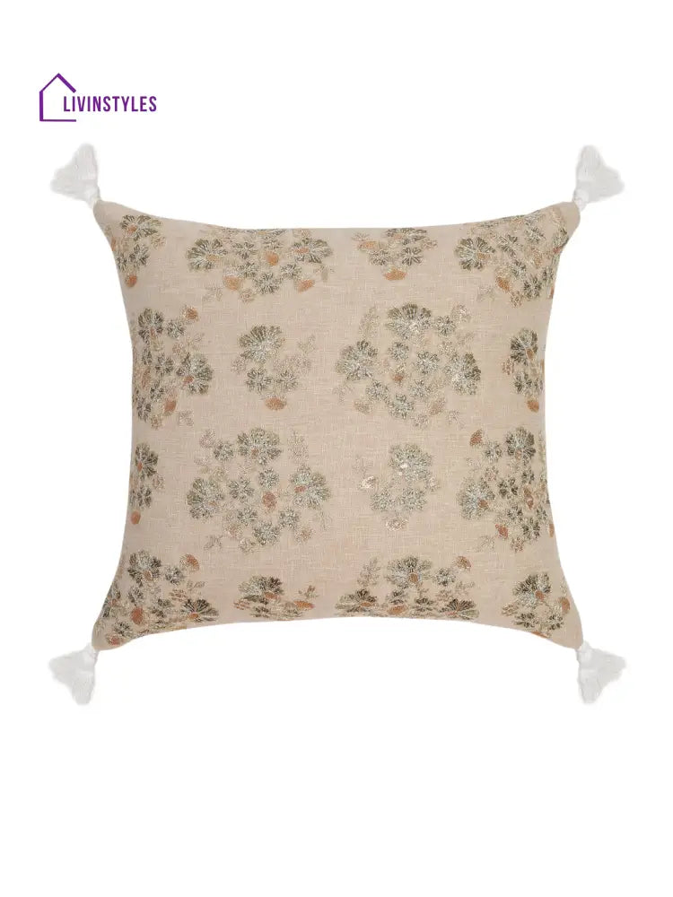 Beige Color Cotton Hand Work Cushion Cover Set Of 2 (18X18 Inch)