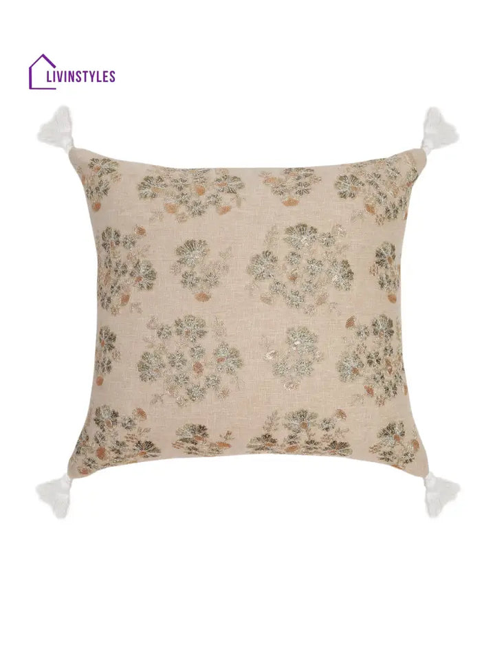 Beige Color Cotton Hand Work Cushion Cover Set Of 2 (18X18 Inch)