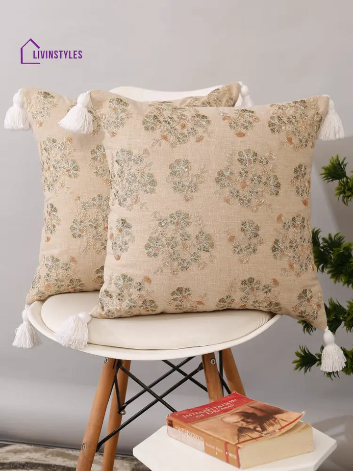 Beige Color Cotton Hand Work Cushion Cover Set Of 2 (18X18 Inch)