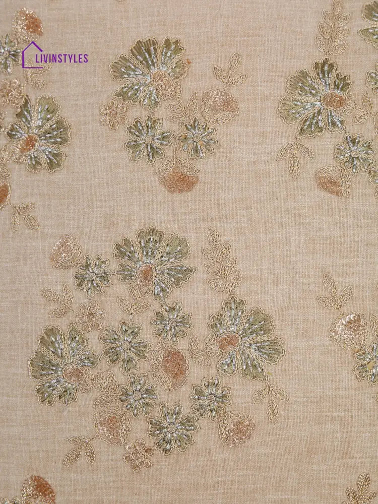 Beige Color Cotton Hand Work Cushion Cover Set Of 2 (18X18 Inch)