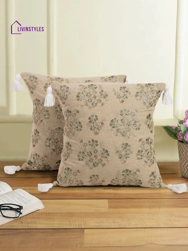 Beige Color Cotton Hand Work Cushion Cover Set Of 2 (18X18 Inch)