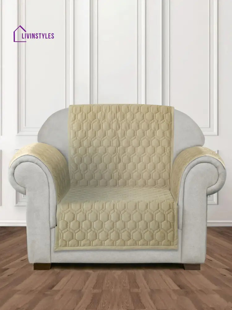Beige Honey Comb Quilted Velvet 1 Seater Sofa Cover With 2 Pcs Hand Rest Slip Cover Sofa