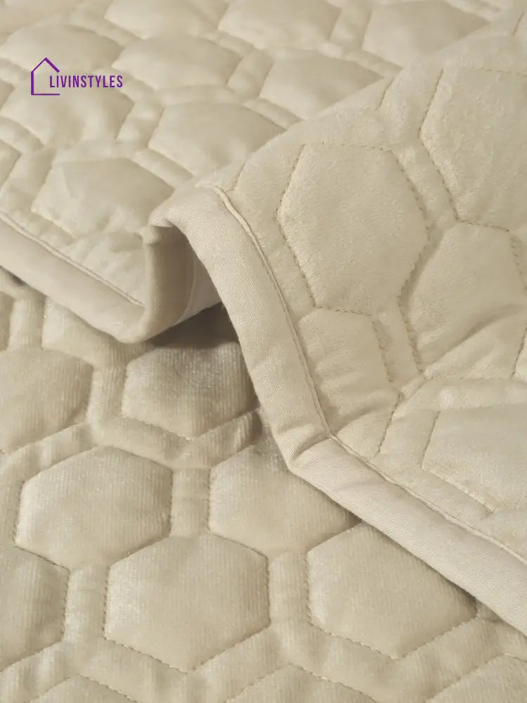 Beige Honey Comb Quilted Velvet 1 Seater Sofa Cover With 2 Pcs Hand Rest Slip Cover Sofa