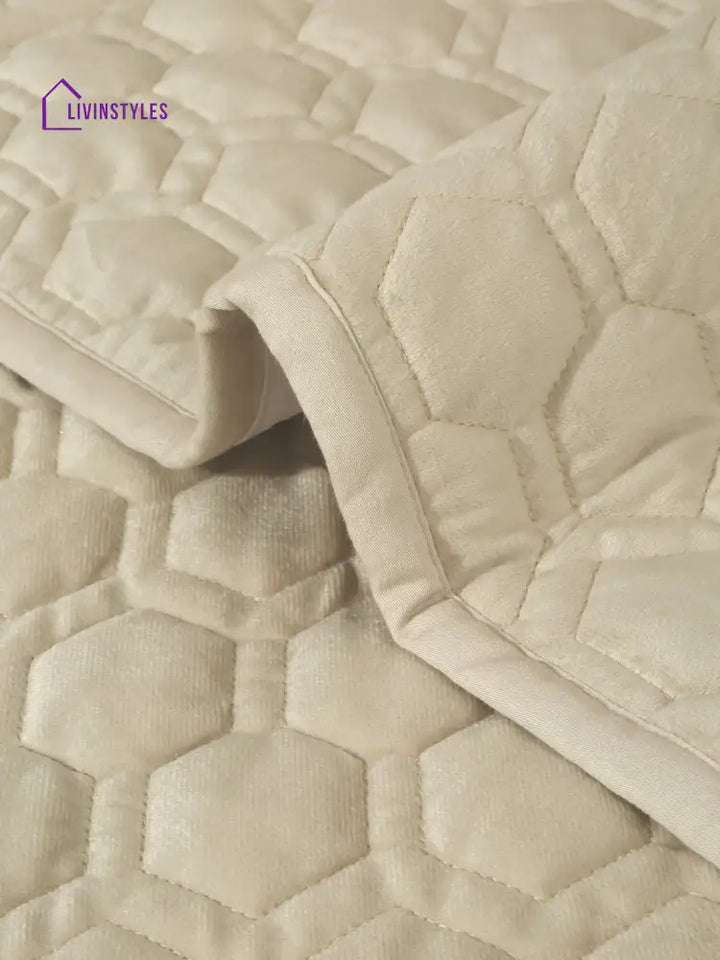 Beige Honey Comb Quilted Velvet 1 Seater Sofa Cover With 2 Pcs Hand Rest Slip Cover Sofa