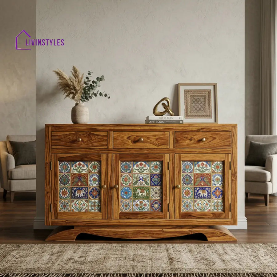 Bella Boho Sheesham Wood Storage Cabinet Sideboard With Three Drawers (Honey Finish)