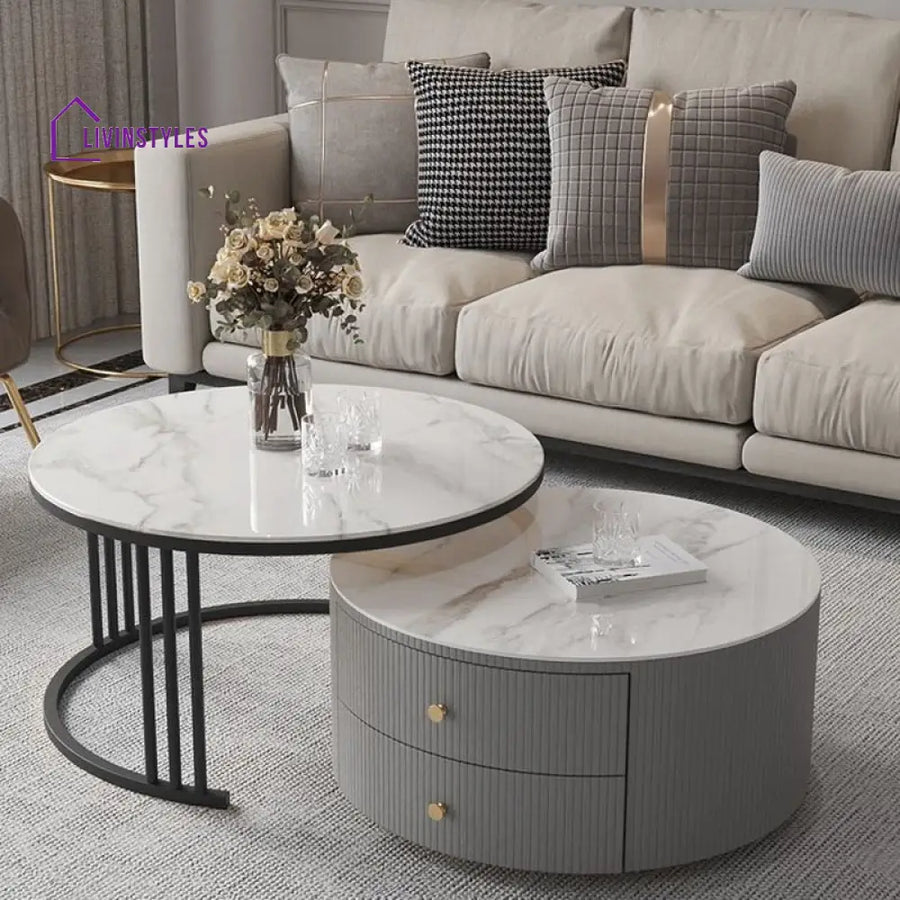 Bella Coffee Table for Living Room | Ceramic Top | Round Shaped | Grey Colour