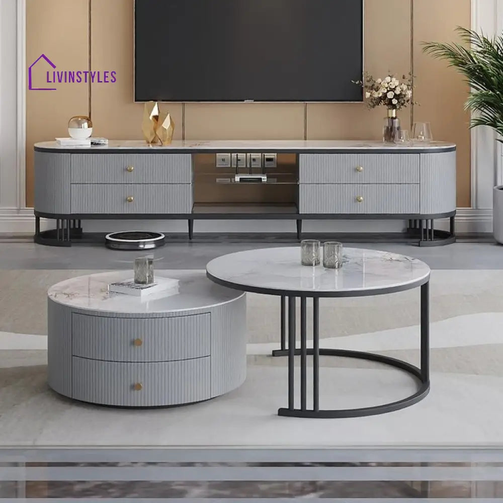 Bella Coffee Table for Living Room | Ceramic Top | Round Shaped | Grey Colour