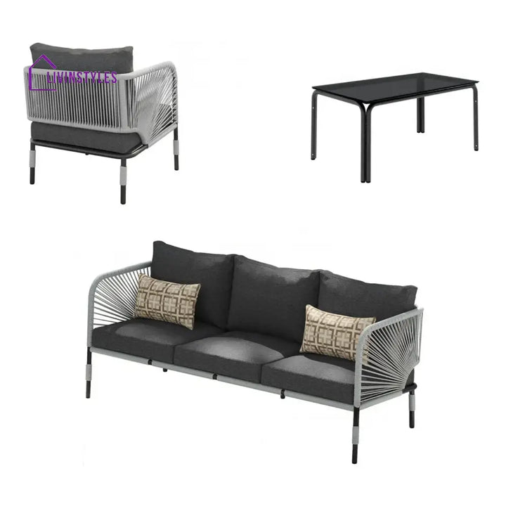 Bellamy Outdoor Rope 5-Seater Sofa Set With Glass Top Table - Sofa Set